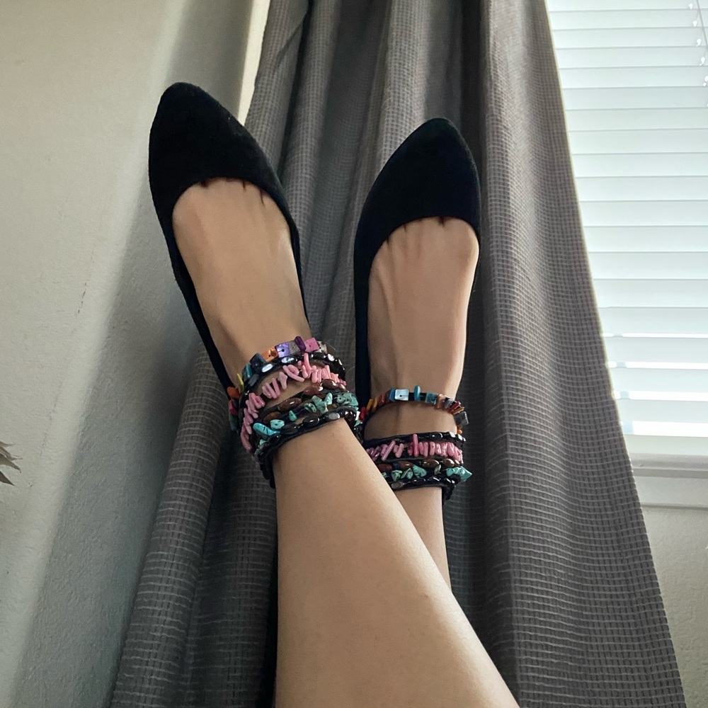 Ankle wrap black flats - with beaded anklets